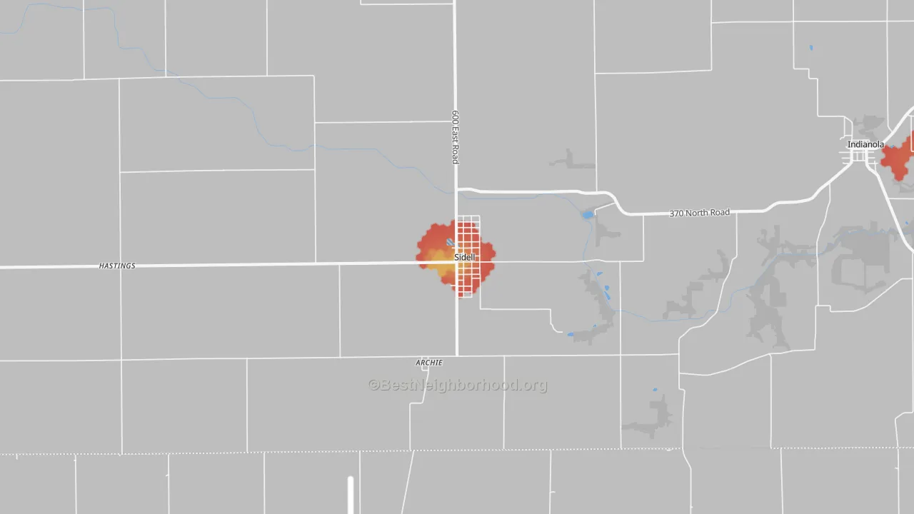 Walk Grade map of Sidell, IL, walkable areas in green and car-dependent areas in red