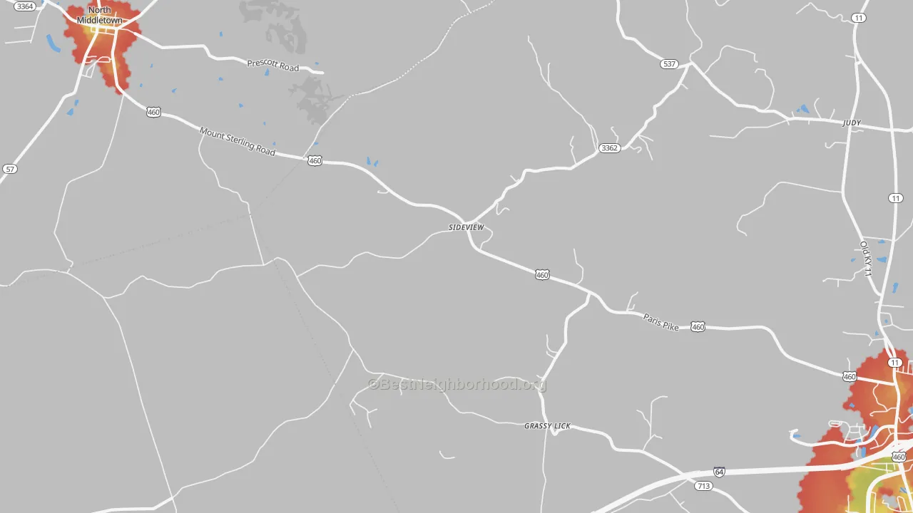 Walk Grade map of Sideview, KY, walkable areas in green and car-dependent areas in red