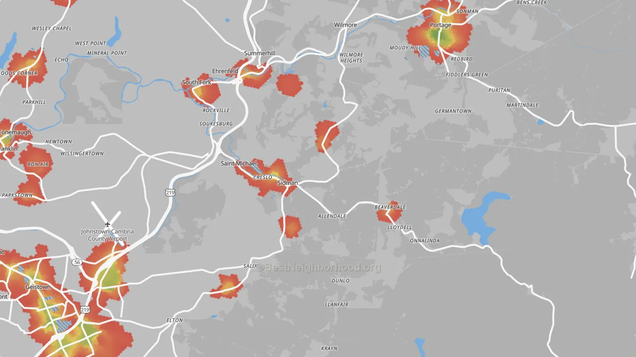 Walk Grade map of Sidman, PA, walkable areas in green and car-dependent areas in red