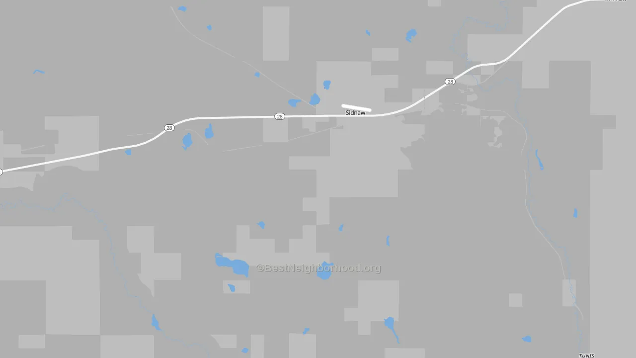 Walk Grade map of Sidnaw, MI, walkable areas in green and car-dependent areas in red