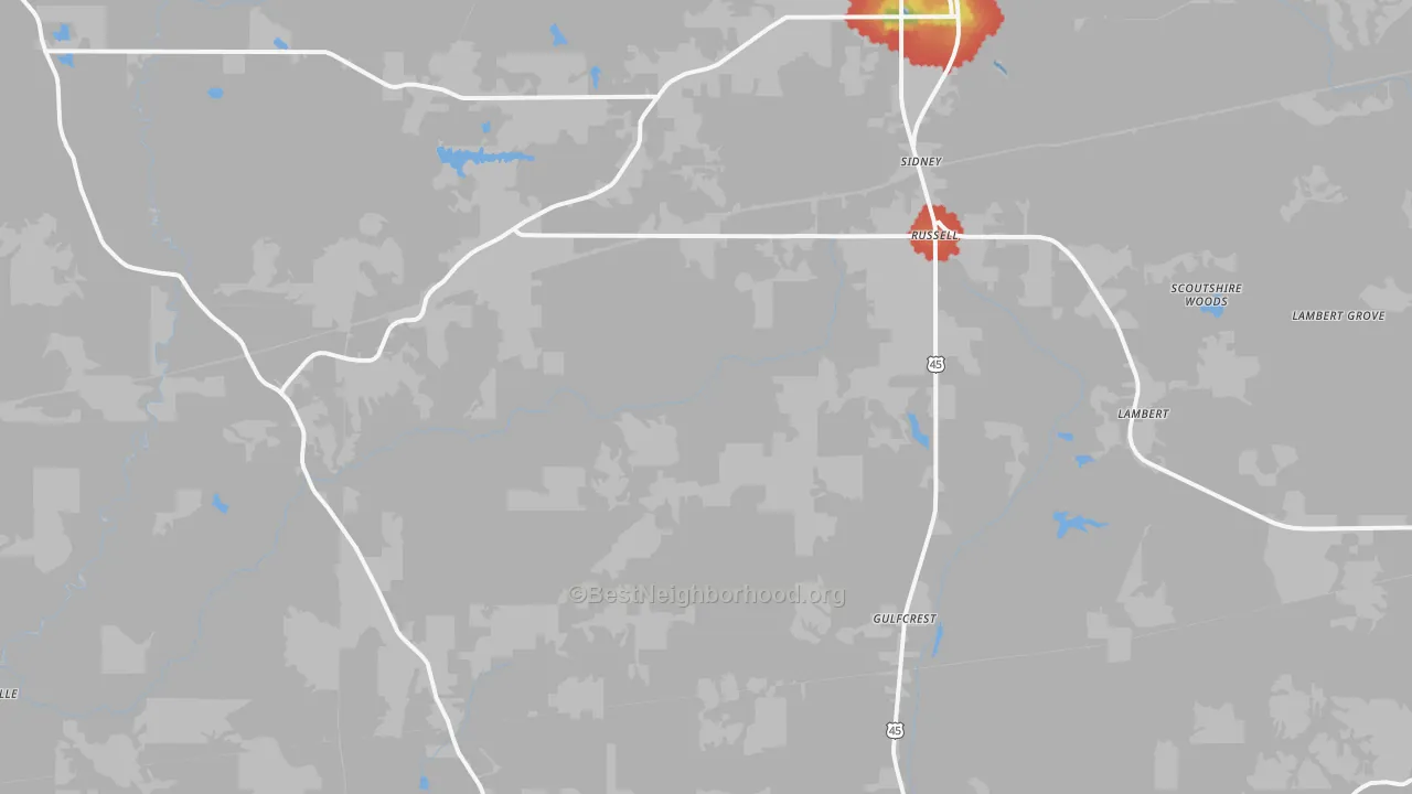 Walk Grade map of Sidney, AL, walkable areas in green and car-dependent areas in red