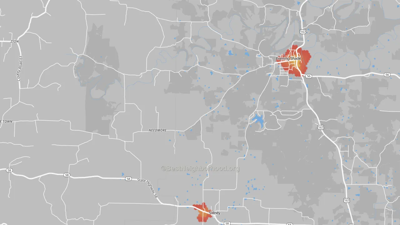 Walk Grade map of Sidney, AR, walkable areas in green and car-dependent areas in red