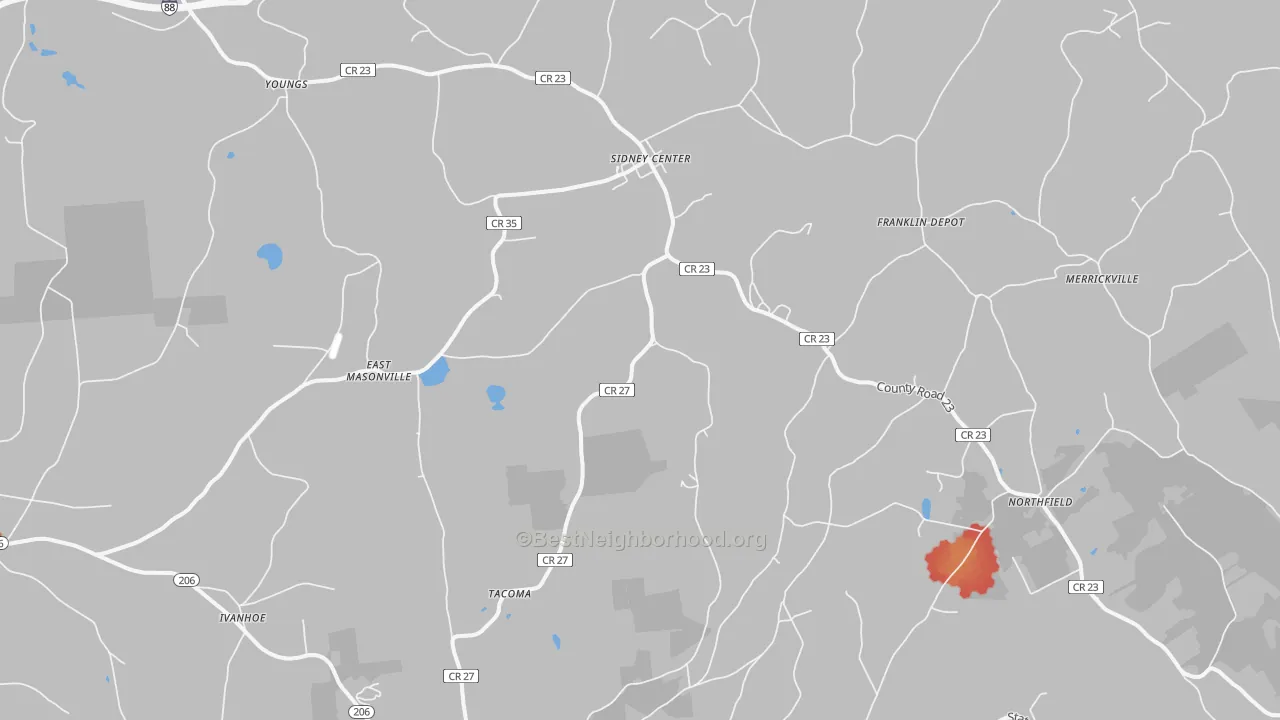 Walk Grade map of Sidney Center, NY, walkable areas in green and car-dependent areas in red