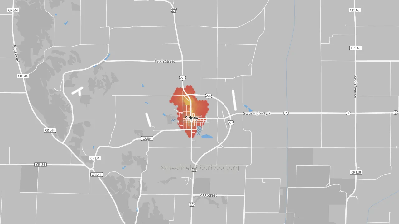 Walk Grade map of Sidney, IA, walkable areas in green and car-dependent areas in red