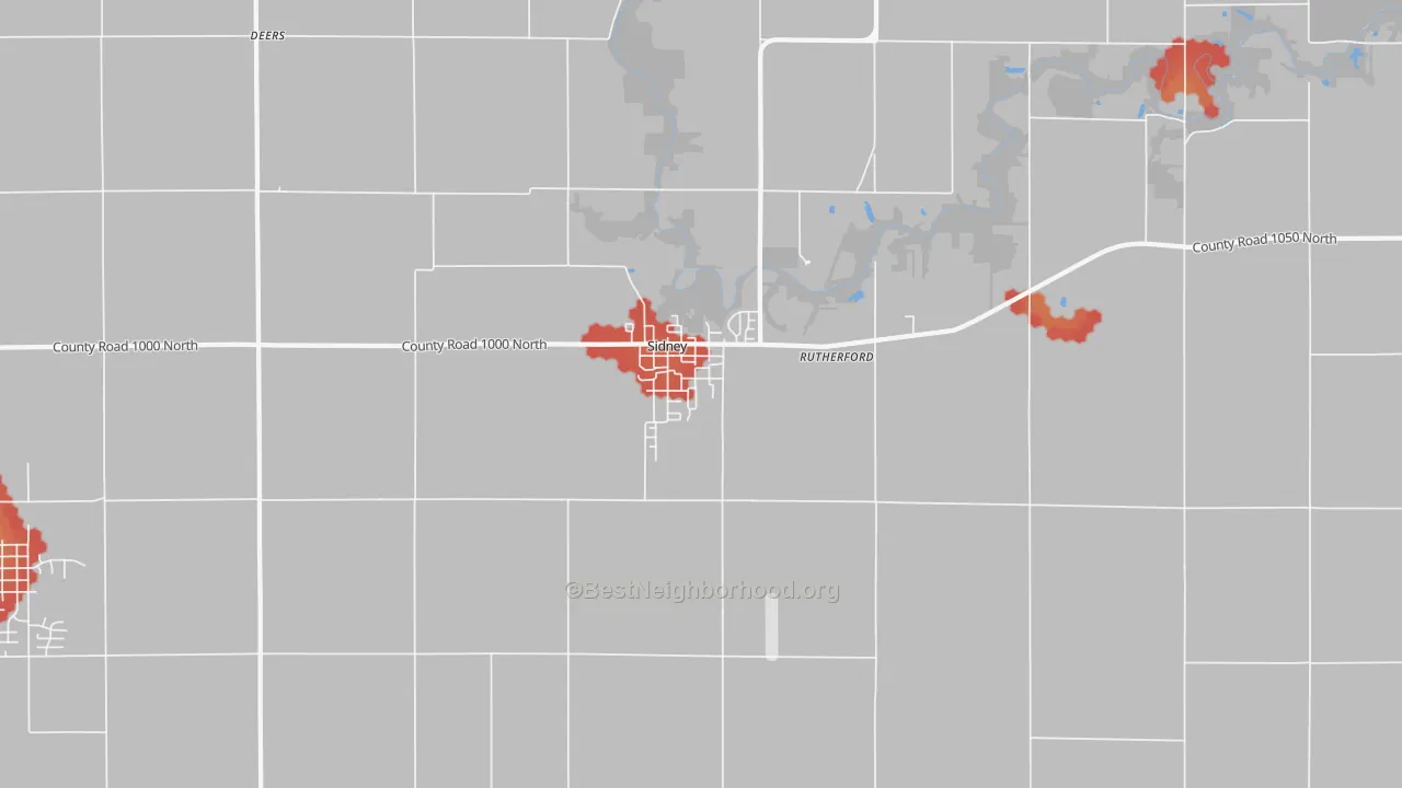 Walk Grade map of Sidney, IL, walkable areas in green and car-dependent areas in red