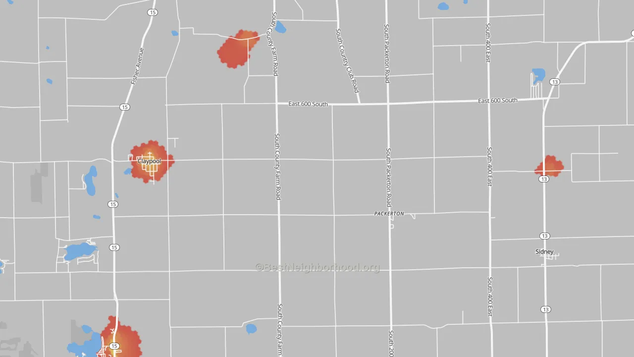 Walk Grade map of Sidney, IN, walkable areas in green and car-dependent areas in red