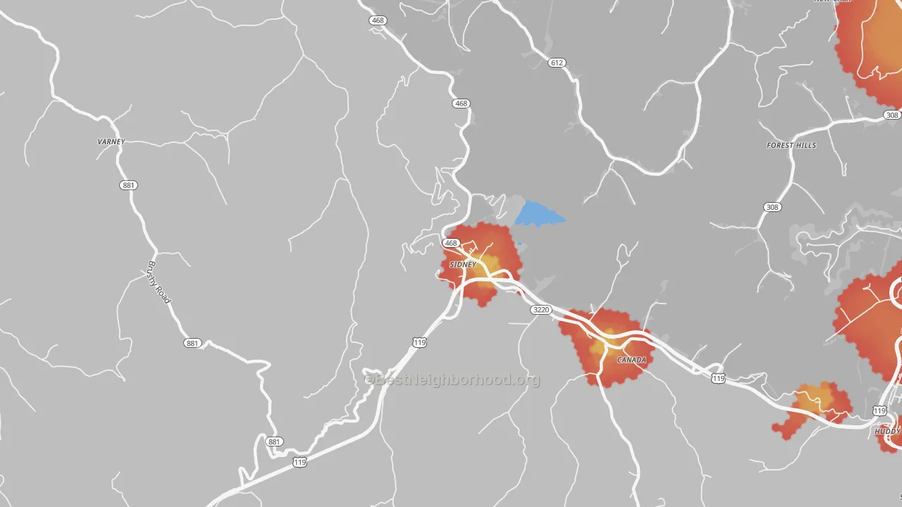 Walk Grade map of Sidney, KY, walkable areas in green and car-dependent areas in red