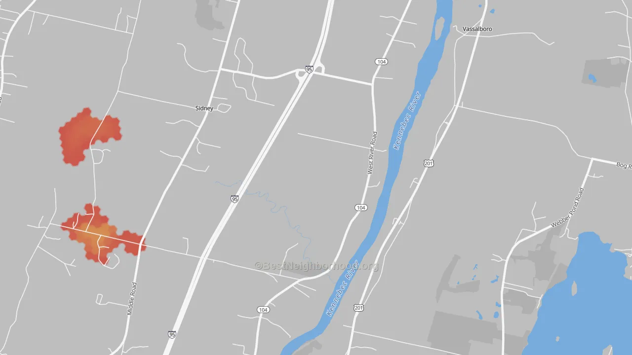 Walk Grade map of Sidney, ME, walkable areas in green and car-dependent areas in red