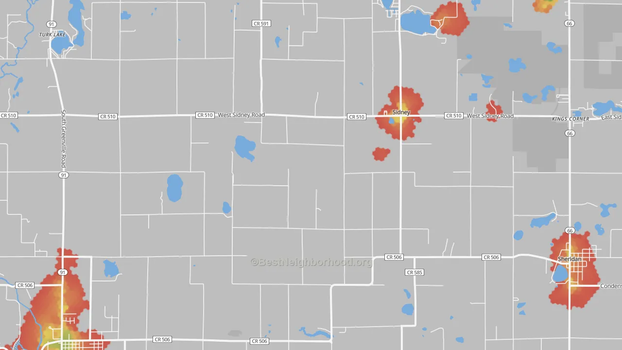 Walk Grade map of Sidney, MI, walkable areas in green and car-dependent areas in red