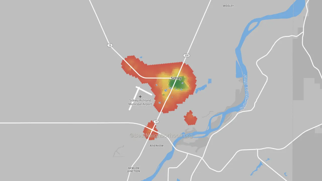 Walk Grade map of Sidney, MT, walkable areas in green and car-dependent areas in red