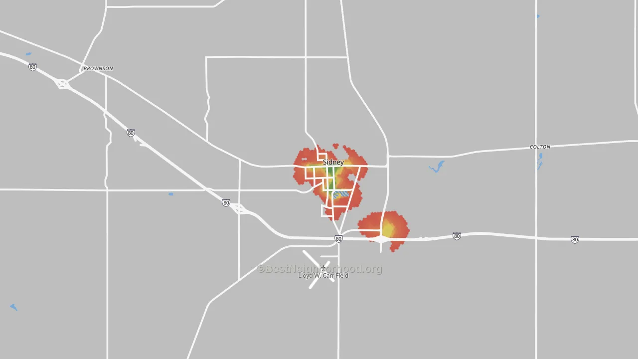 Walk Grade map of Sidney, NE, walkable areas in green and car-dependent areas in red