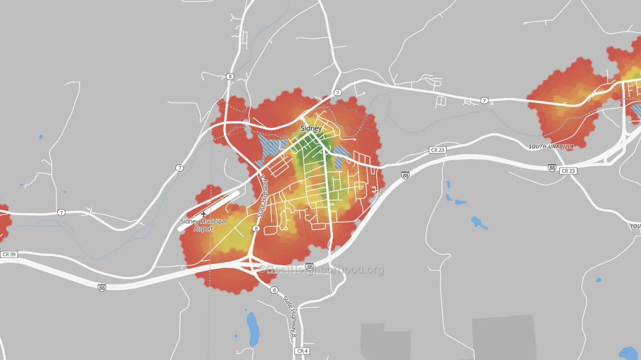 Walk Grade map of Sidney, NY, walkable areas in green and car-dependent areas in red