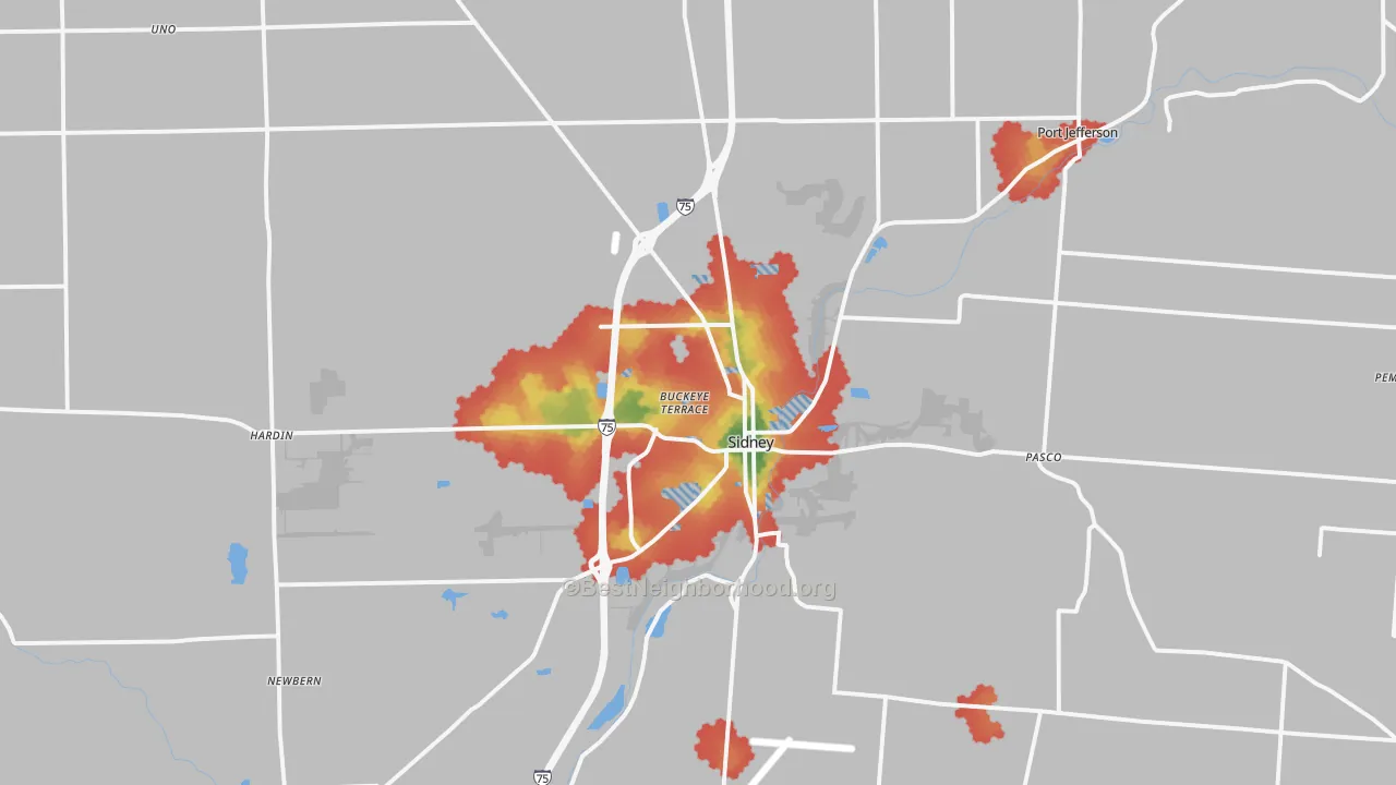 Walk Grade map of Sidney, OH, walkable areas in green and car-dependent areas in red