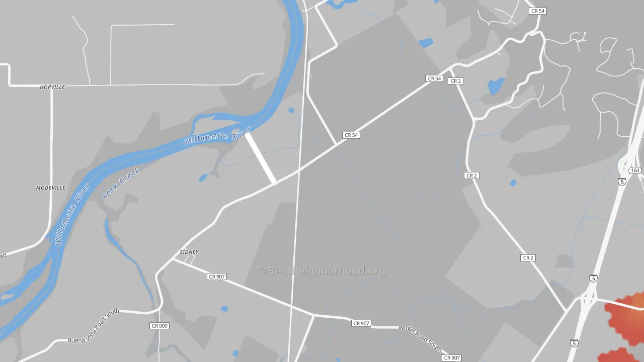 Walk Grade map of Sidney, OR, walkable areas in green and car-dependent areas in red