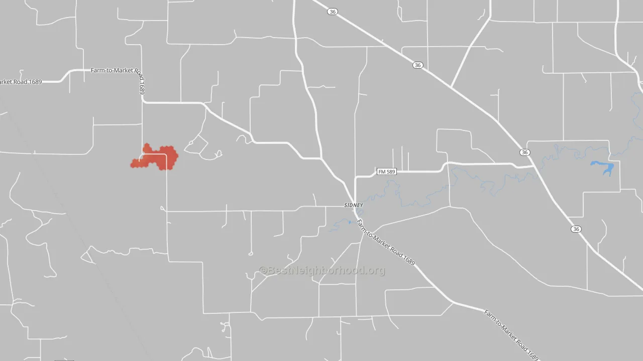 Walk Grade map of Sidney, TX, walkable areas in green and car-dependent areas in red