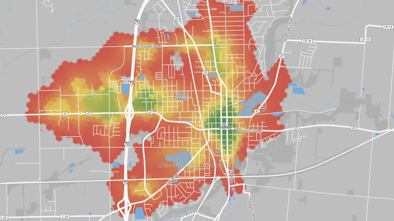 Walk Grade map of Sidney Walnut Avenue Historic District, Sidney, OH, walkable areas in green and car-dependent areas in red