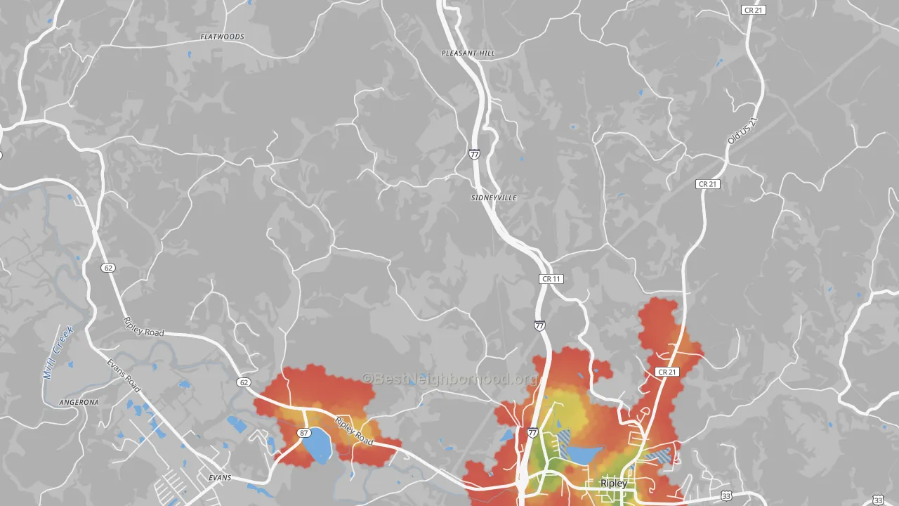 Walk Grade map of Sidneyville, WV, walkable areas in green and car-dependent areas in red