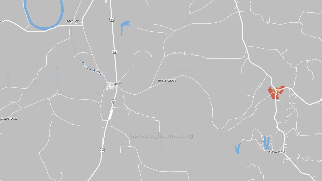 Walk Grade map of Sidon, MS, walkable areas in green and car-dependent areas in red