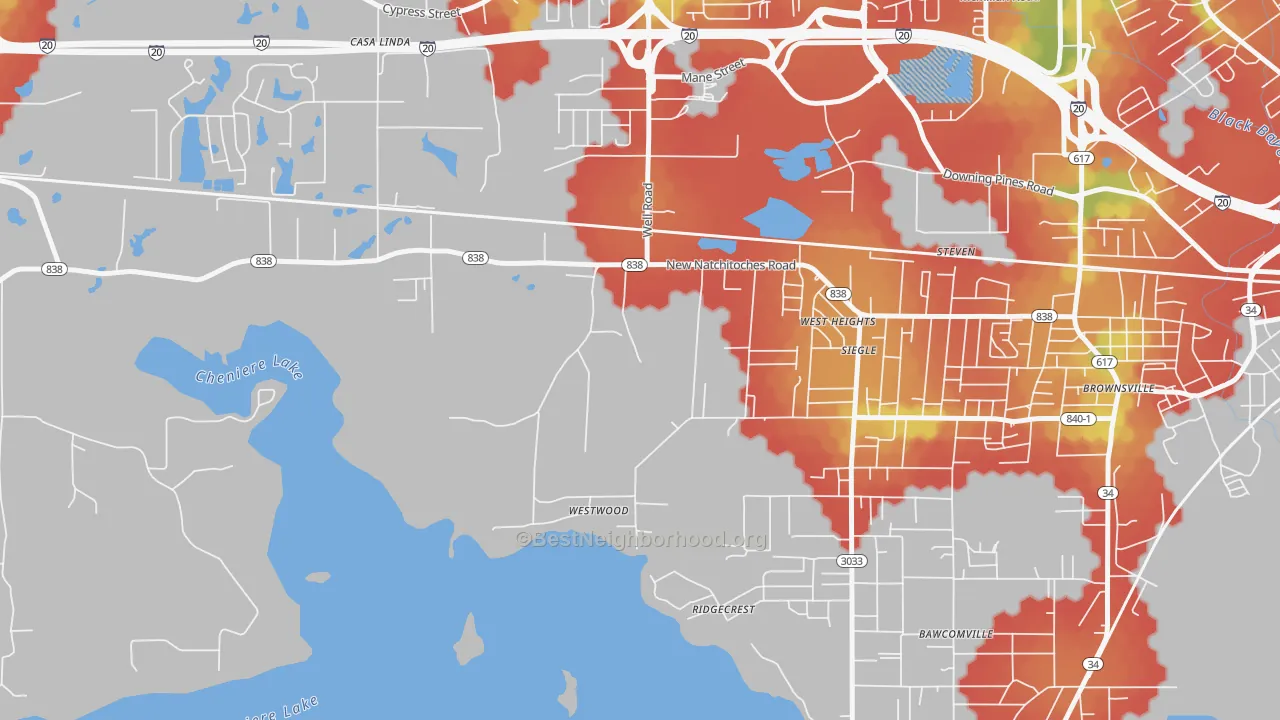 Walk Grade map of Siegle, LA, walkable areas in green and car-dependent areas in red