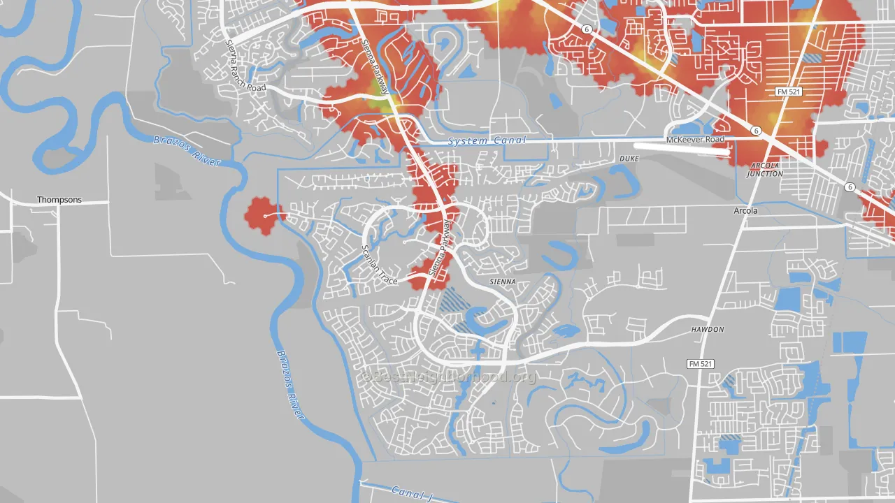 Walk Grade map of Sienna Plantation, TX, walkable areas in green and car-dependent areas in red