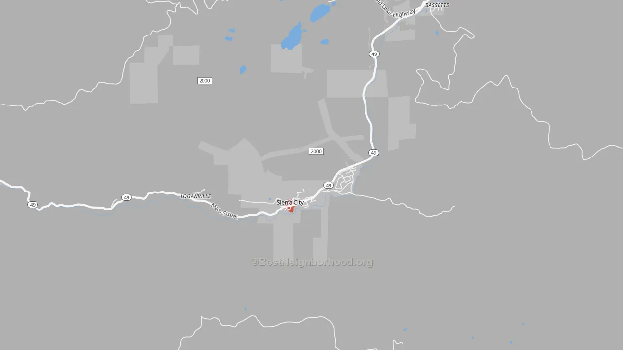 Walk Grade map of Sierra City, CA, walkable areas in green and car-dependent areas in red