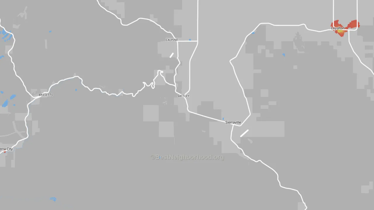Walk Grade map of Sierra County, CA, walkable areas in green and car-dependent areas in red