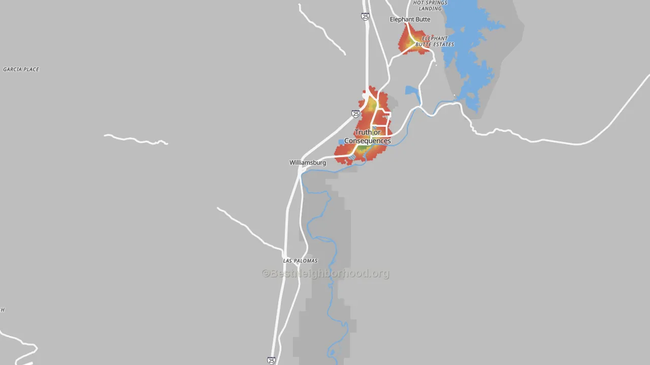 Walk Grade map of Sierra County, NM, walkable areas in green and car-dependent areas in red