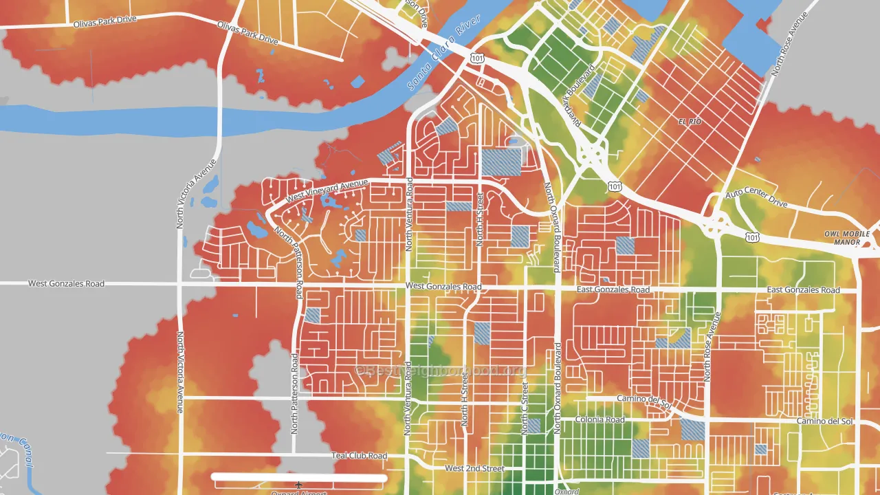 Walk Grade map of Sierra Linda, Oxnard, CA, walkable areas in green and car-dependent areas in red