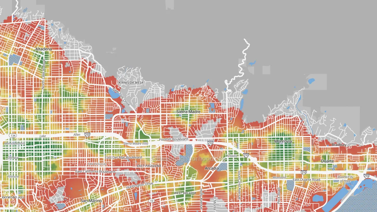 Walk Grade map of Sierra Madre, CA, walkable areas in green and car-dependent areas in red