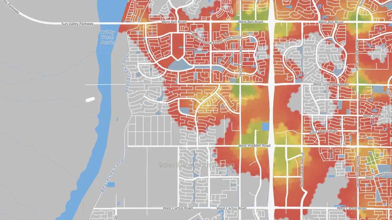 Walk Grade map of Sierra Montana, Surprise, AZ, walkable areas in green and car-dependent areas in red