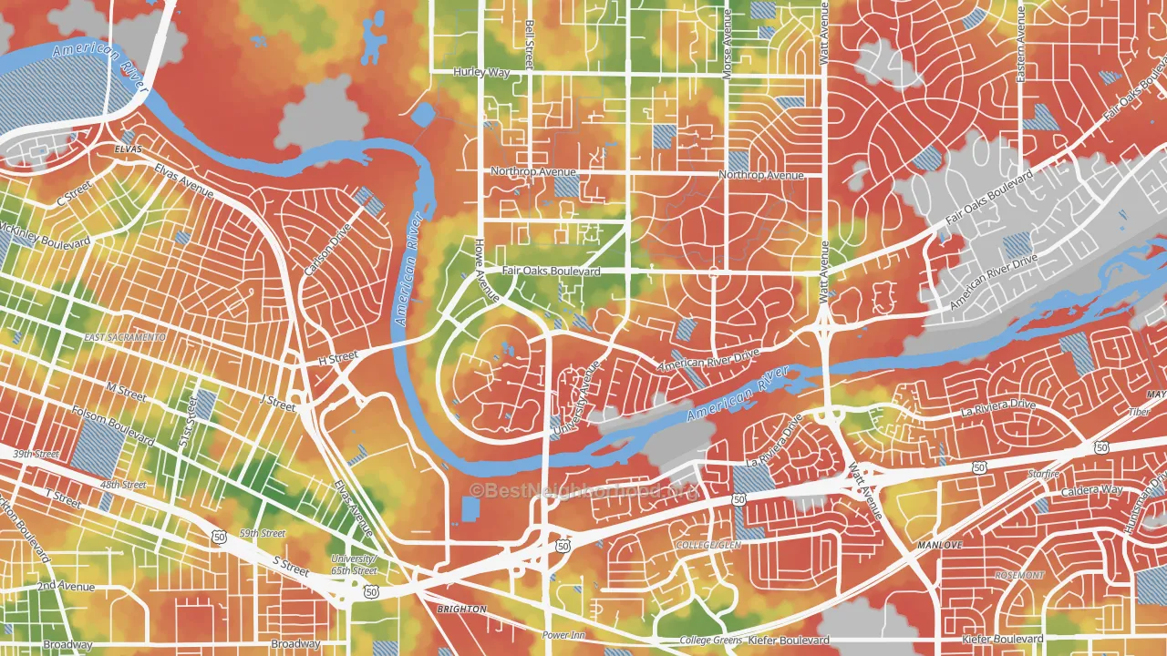 Walk Grade map of Sierra Oaks, Sacramento, CA, walkable areas in green and car-dependent areas in red
