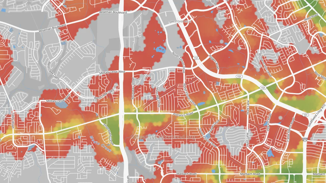 Walk Grade map of Sierra Springs, San Antonio, TX, walkable areas in green and car-dependent areas in red