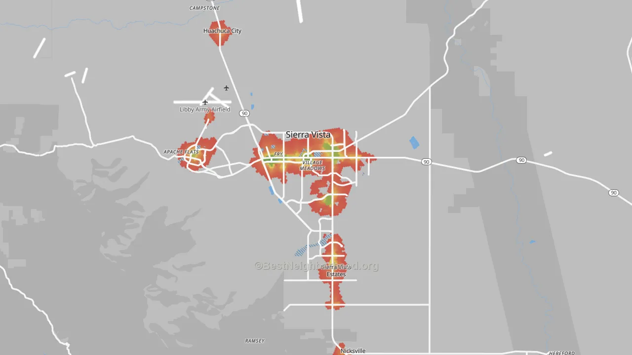 Walk Grade map of Sierra Vista, AZ, walkable areas in green and car-dependent areas in red