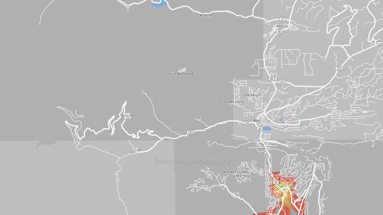 Walk Grade map of Sierra Vista, NM, walkable areas in green and car-dependent areas in red