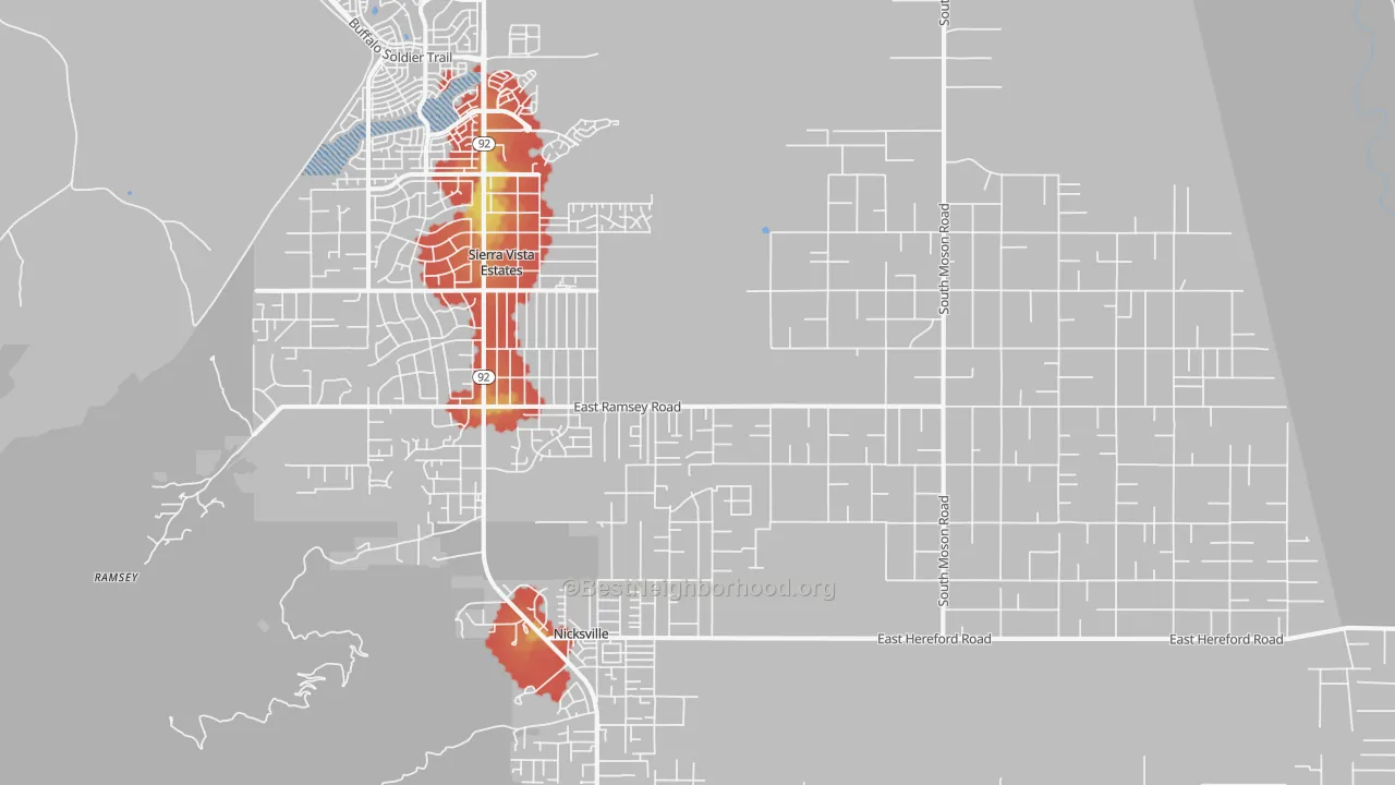 Walk Grade map of Sierra Vista Southeast, AZ, walkable areas in green and car-dependent areas in red