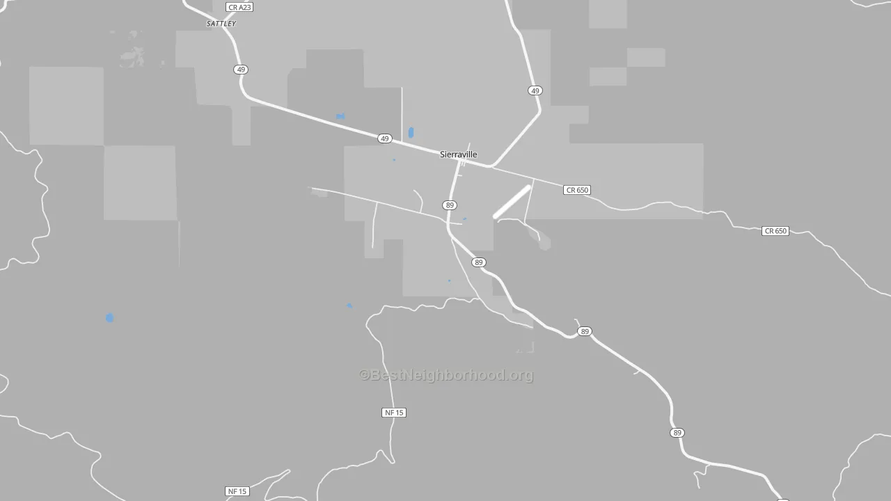 Walk Grade map of Sierraville, CA, walkable areas in green and car-dependent areas in red