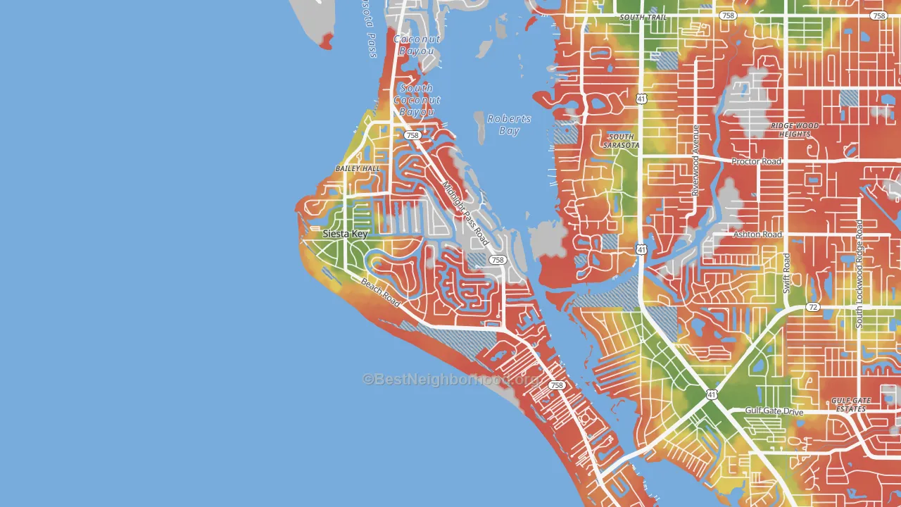 Walk Grade map of Siesta Key, FL, walkable areas in green and car-dependent areas in red