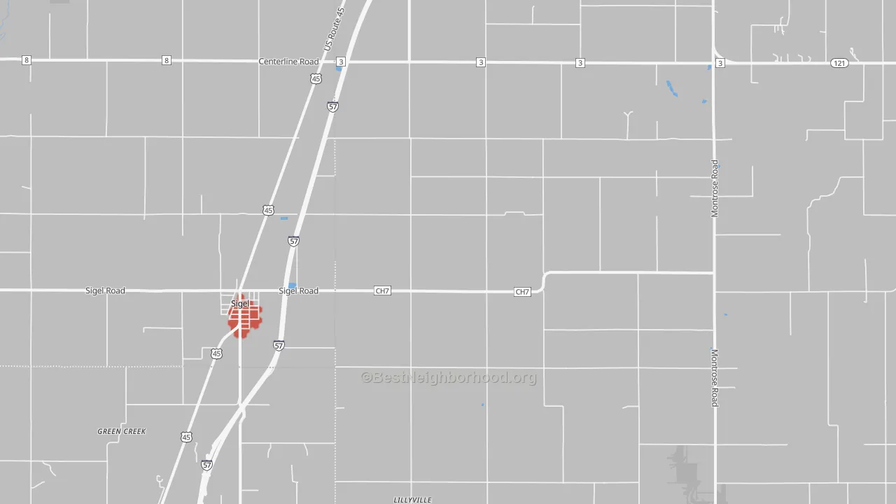 Walk Grade map of Sigel, IL, walkable areas in green and car-dependent areas in red