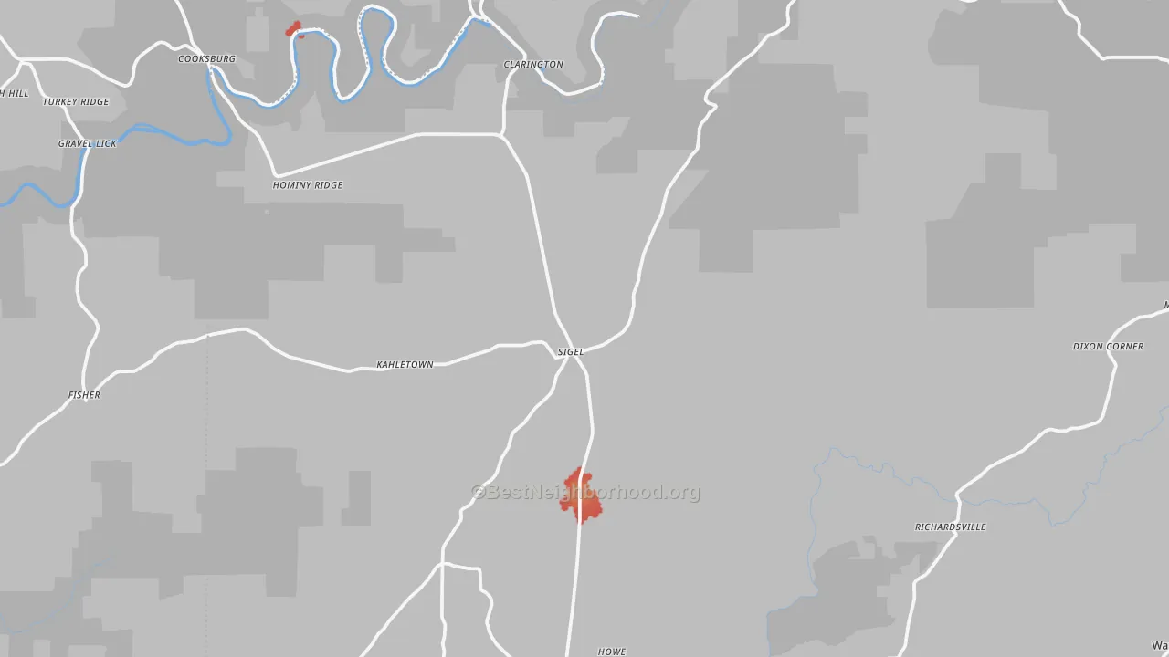 Walk Grade map of Sigel, PA, walkable areas in green and car-dependent areas in red