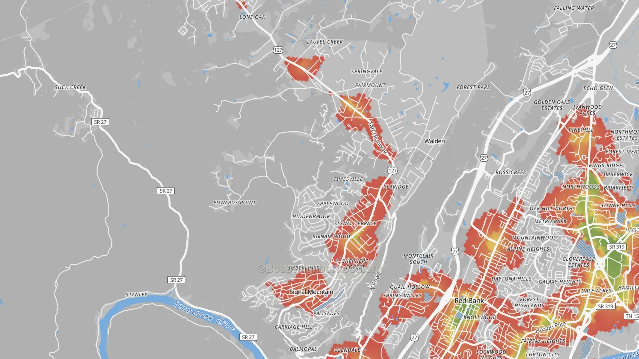 Walk Grade map of Signal Mountain, TN, walkable areas in green and car-dependent areas in red