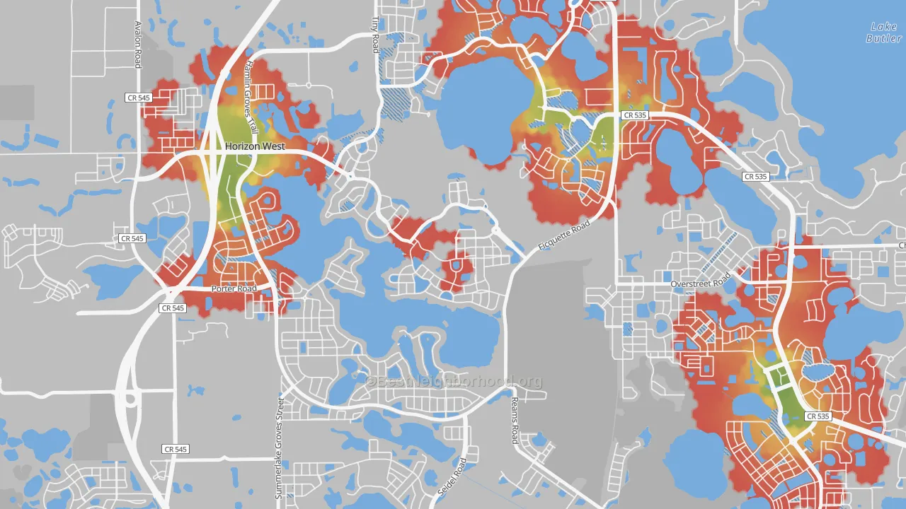 Walk Grade map of Signature Lakes, Horizon West, FL, walkable areas in green and car-dependent areas in red