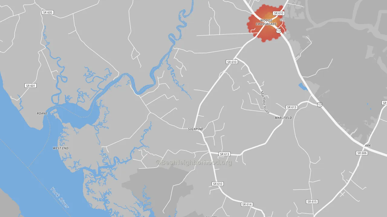 Walk Grade map of Signpine, VA, walkable areas in green and car-dependent areas in red