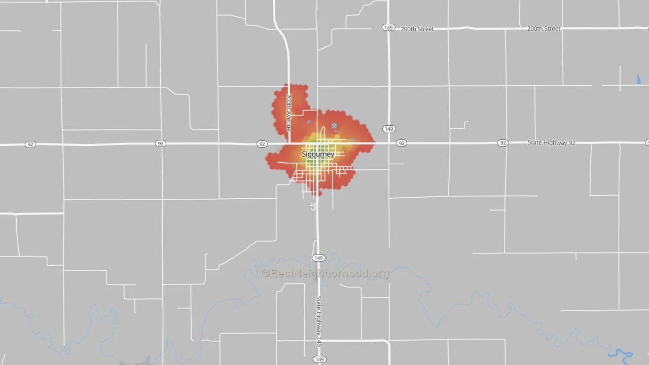 Walk Grade map of Sigourney, IA, walkable areas in green and car-dependent areas in red