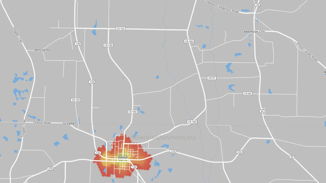 Walk Grade map of Sigsbee, GA, walkable areas in green and car-dependent areas in red