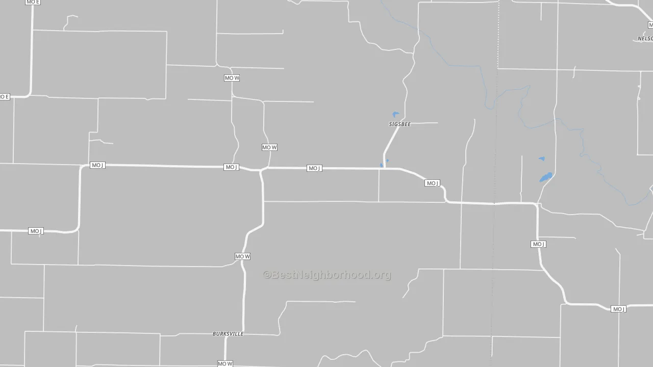 Walk Grade map of Sigsbee, MO, walkable areas in green and car-dependent areas in red