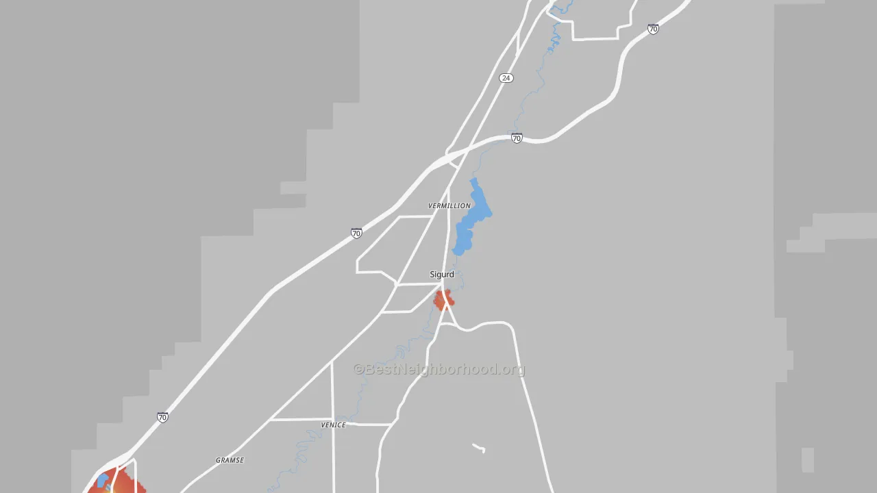 Walk Grade map of Sigurd, UT, walkable areas in green and car-dependent areas in red