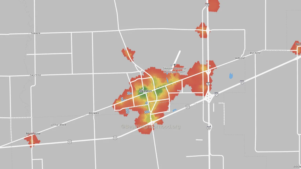 Walk Grade map of Sikeston, MO, walkable areas in green and car-dependent areas in red