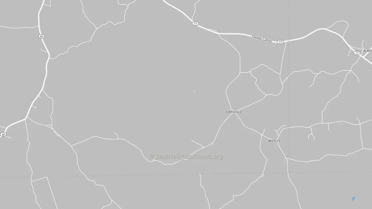 Walk Grade map of Sikesville, AL, walkable areas in green and car-dependent areas in red