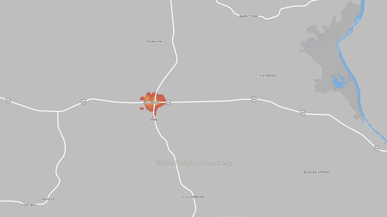 Walk Grade map of Silas, AL, walkable areas in green and car-dependent areas in red