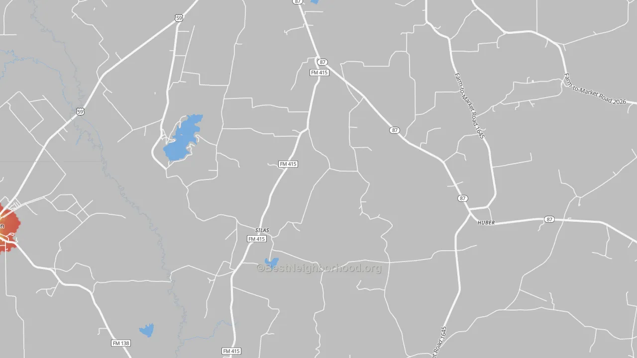 Walk Grade map of Silas, TX, walkable areas in green and car-dependent areas in red